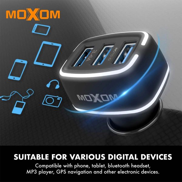 شارژر فندکی سه پورت Moxom مدل MX-VC01 همراه با کابل میکرو USB
