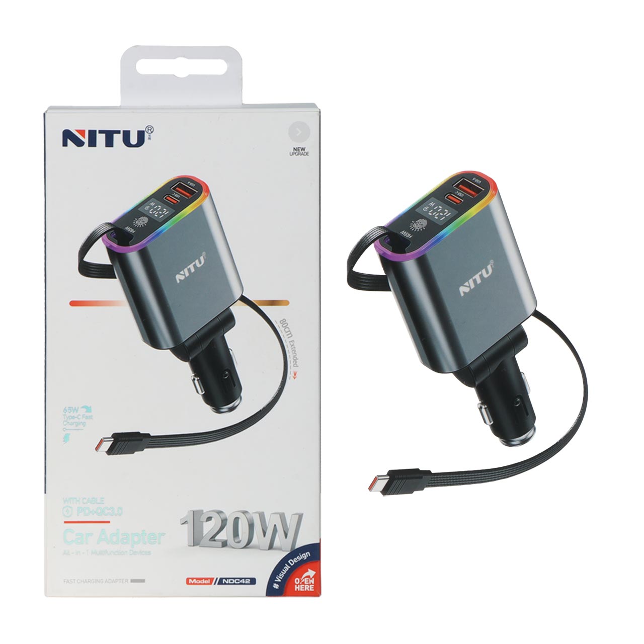 NITU-NDC42-adaptor.jpg شارژر فندکی PD و فست سه پورت 120 وات به همراه کابل شارژ متصل Type-C نیتو مدل NITU NDC42 - Image 1