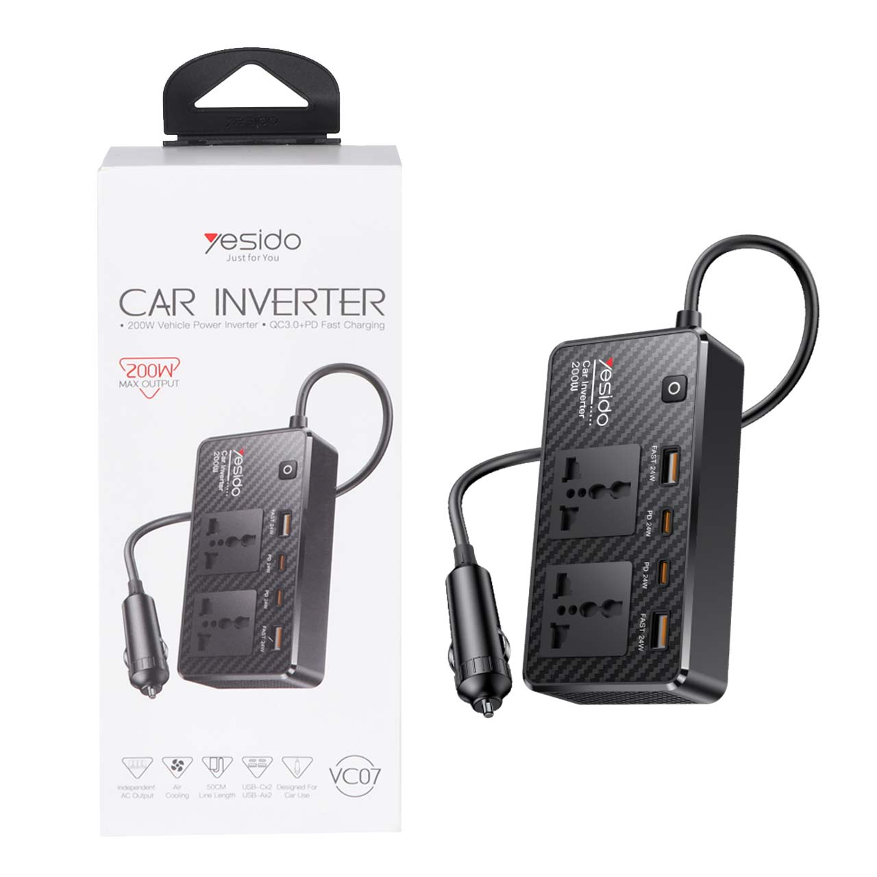YESIDO-VC07-200W-High-Power-Car-Inverter-box.jpg اینورتر خودرو 200 وات یسیدو مدل Yesido VC07 - Image 1