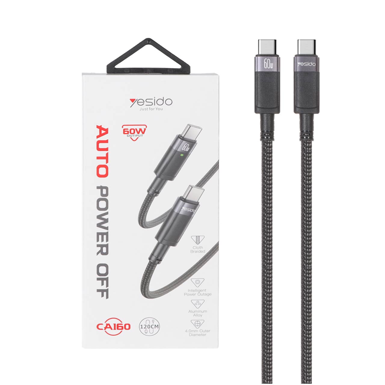 Yesido-CA160-Type-C-to-Type-C-PD-60W-1.2m-Fast-Charging-Cable.jpg کابل شارژ 1.2 متری PD و فست Type-C To Type-C 60W یسیدو مدل Yesido CA160 - Image 1